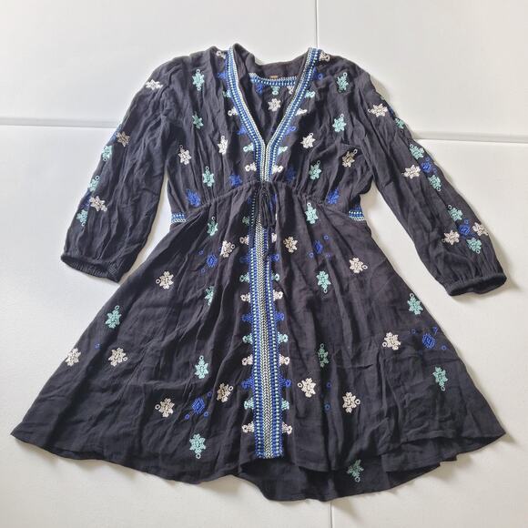 Free People Dress Small Black Embroidered Boho Peasant Long Sleeve Whimsigoth - Picture 1 of 7